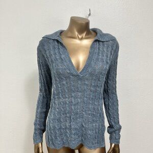 White+ Warren Linen Blend Ribbed Cable Knit Sweater Polo Collar Slate Blue Sz M